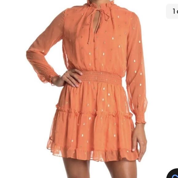 NSR Peach & Gold Metallic Dot Ruffle Long Sleeve Peasant Dress Size L - Picture 1 of 10